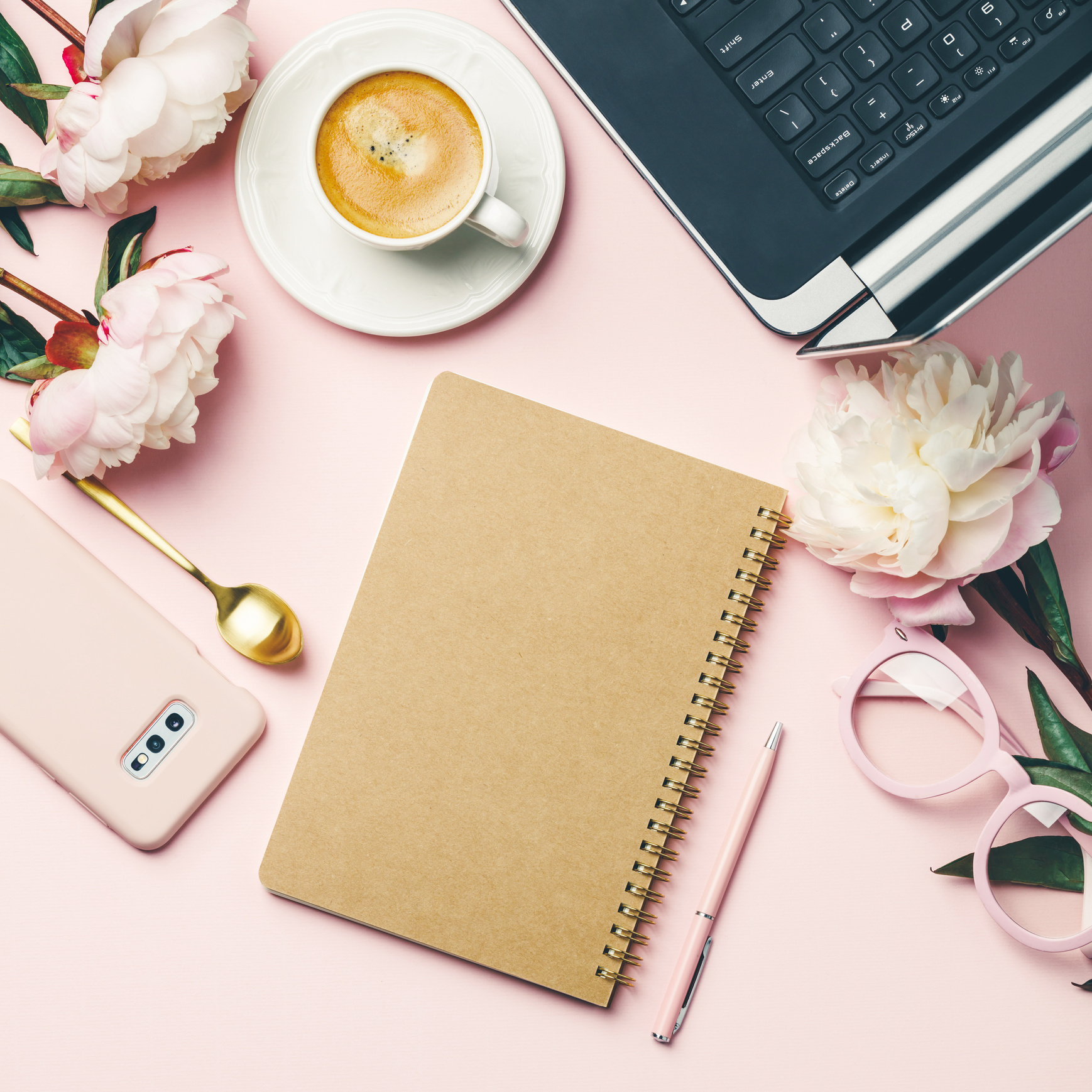 Laptop, Coffee, Flowers, Notebook, and Smartphone Flatlay